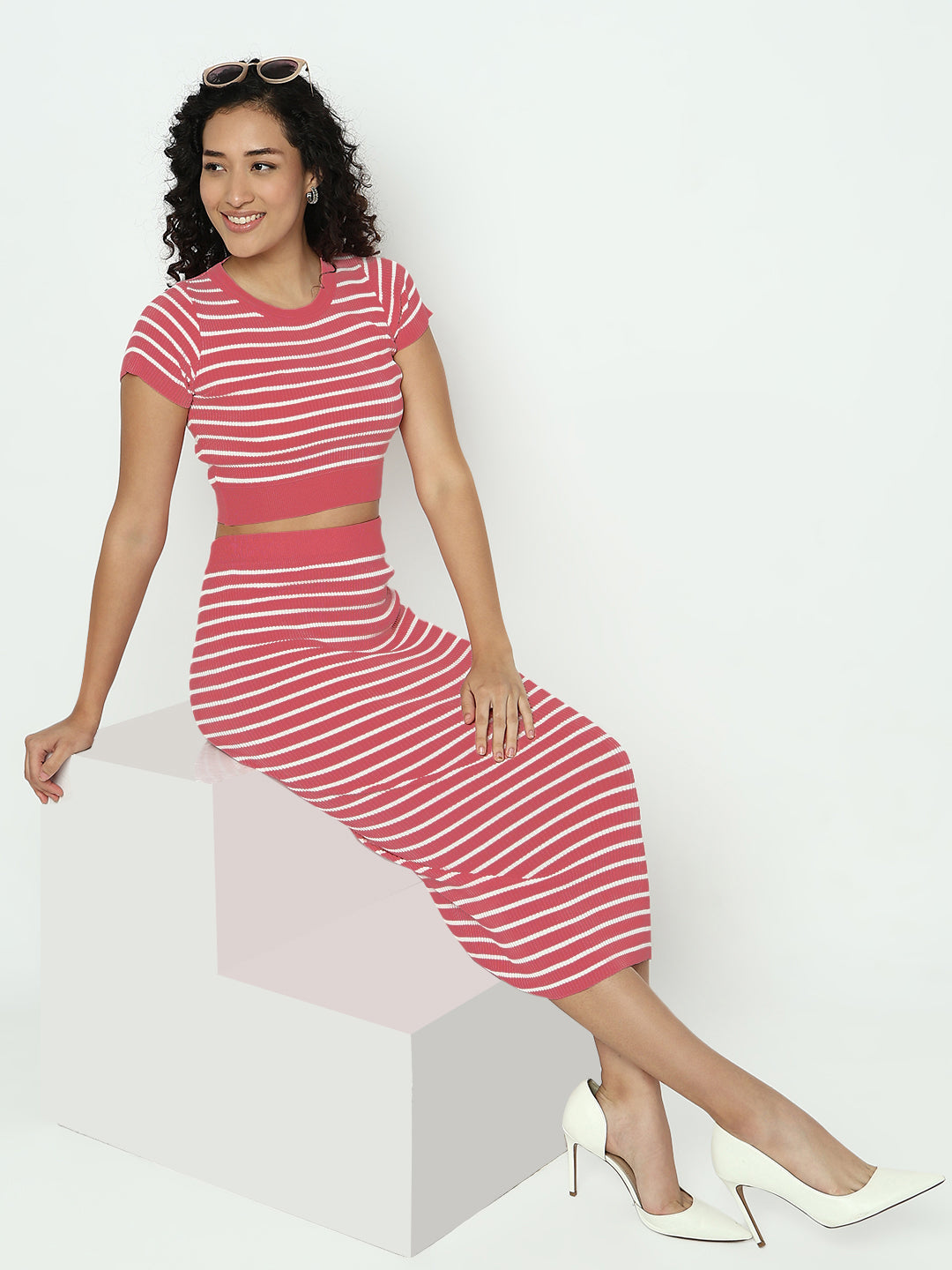 Women's Striped Pink Round Neck Short Sleeves Top with Skirt Co-ord Set