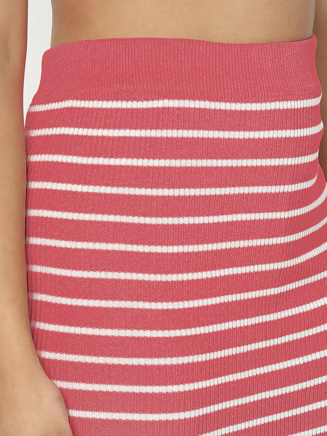 Women's Striped Pink Round Neck Short Sleeves Top with Skirt Co-ord Set