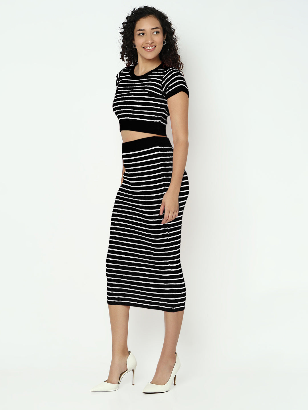 Women's Striped Black Round Neck Ribbed Top with Skirt Co-ord Set