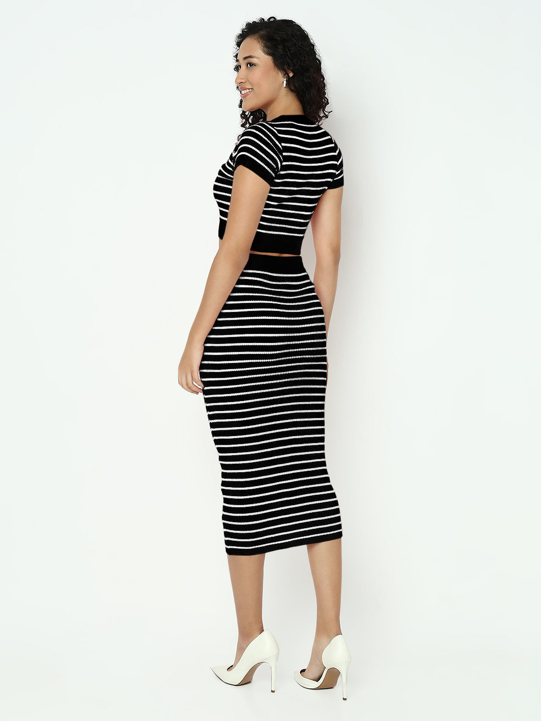 Women's Striped Black Round Neck Ribbed Top with Skirt Co-ord Set