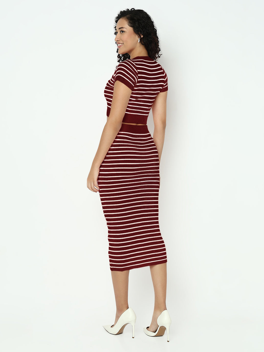 Women's Striped Maroon Round Neck Ribbed Top with Skirt Co-ord Set
