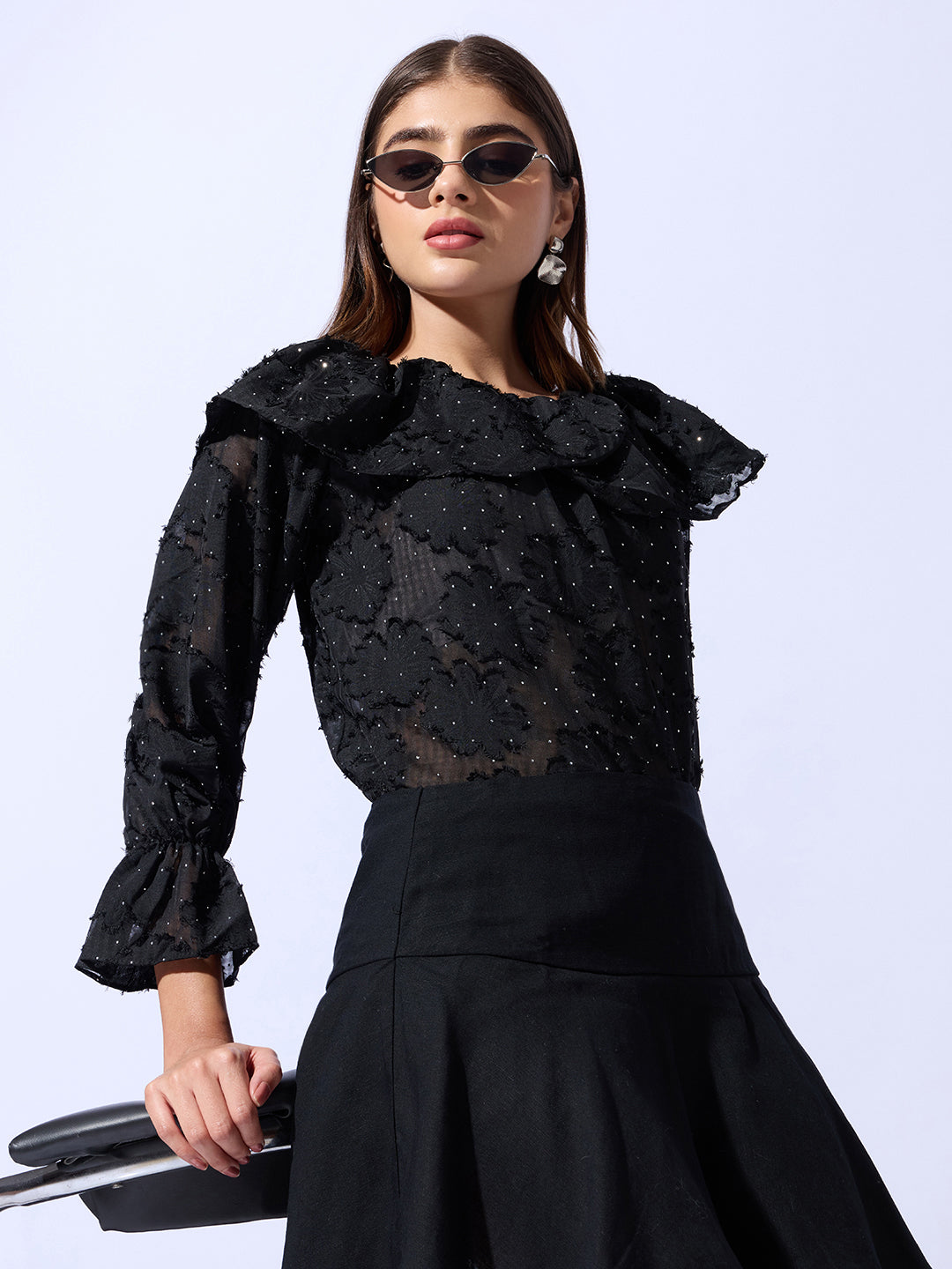 Women's Black Floral Embellished Off-Shoulder Puff Sleeve Layered Top