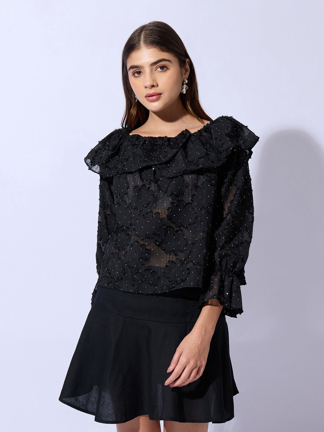 Women's Black Floral Embellished Off-Shoulder Puff Sleeve Layered Top