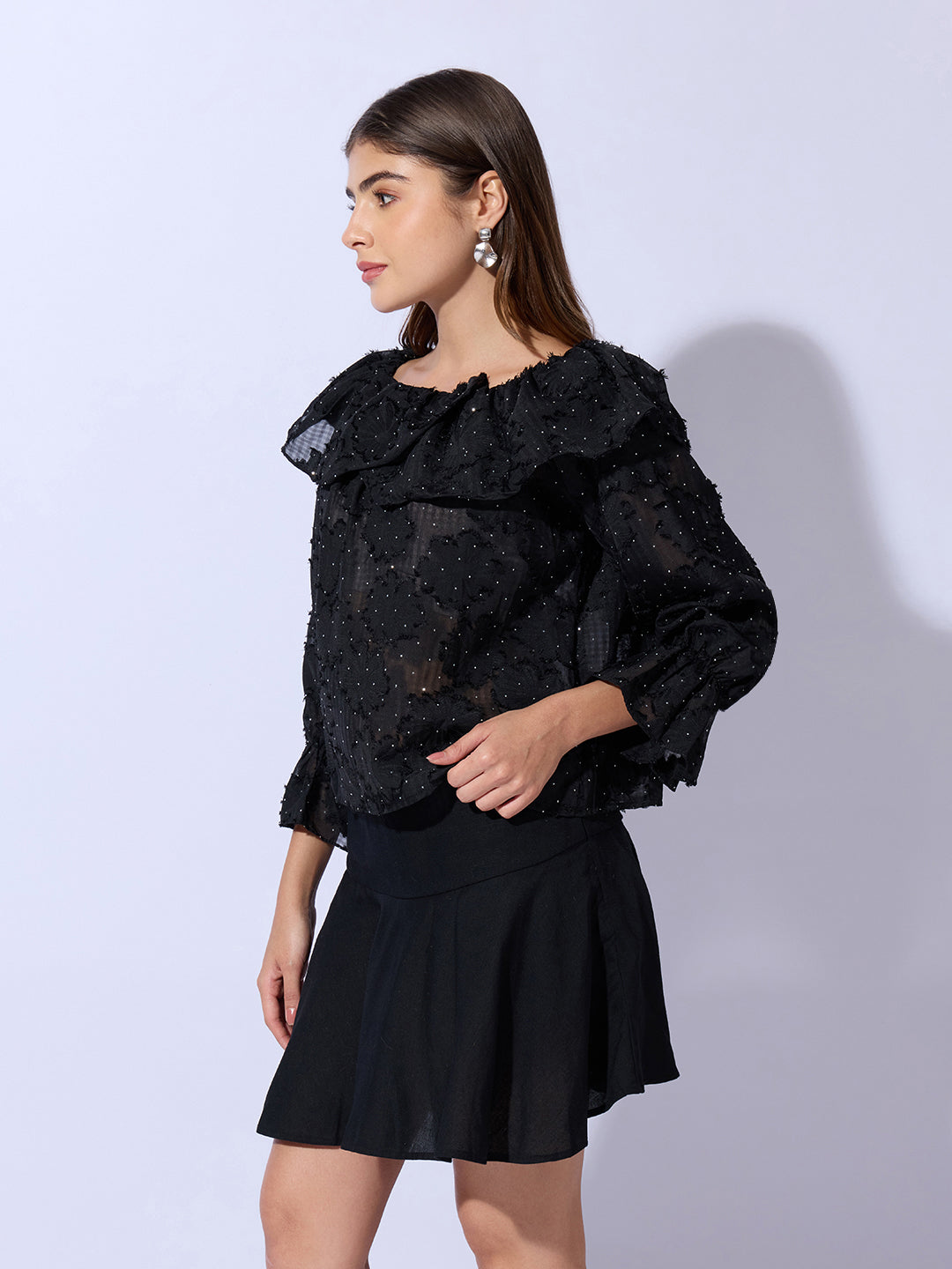 Women's Black Floral Embellished Off-Shoulder Puff Sleeve Layered Top