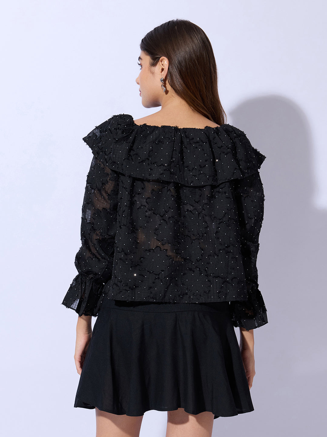Women's Black Floral Embellished Off-Shoulder Puff Sleeve Layered Top