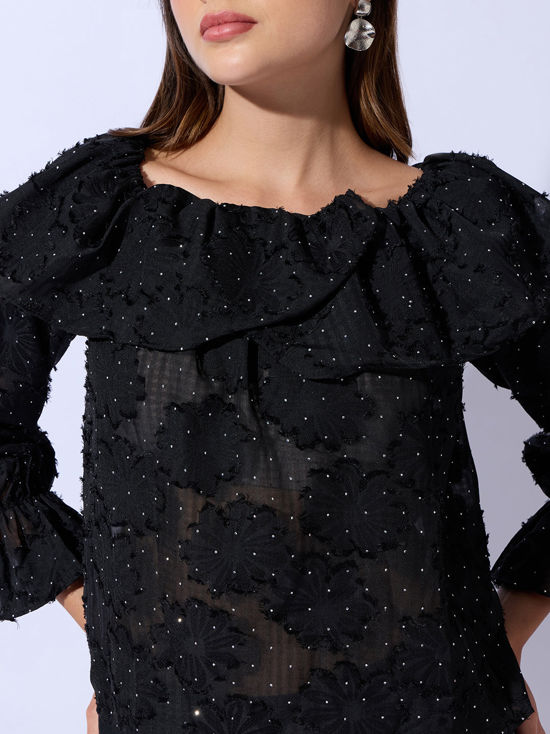 Women's Black Floral Embellished Off-Shoulder Puff Sleeve Layered Top