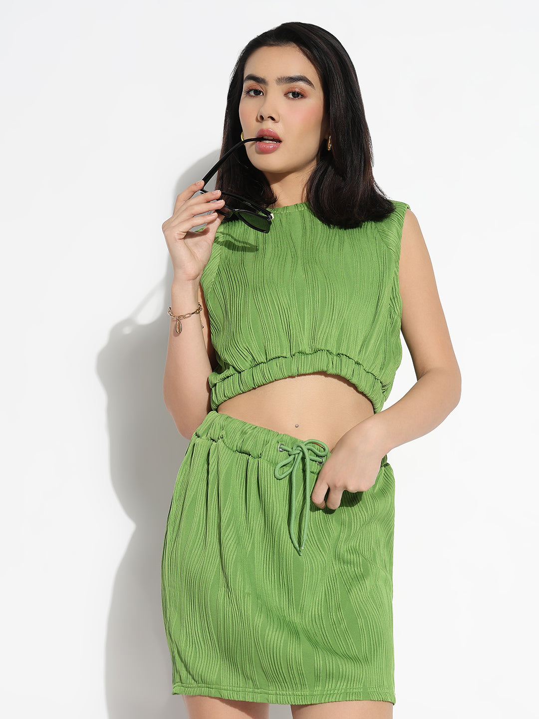 Women Green Solid Top with Skirt Co-ords Set