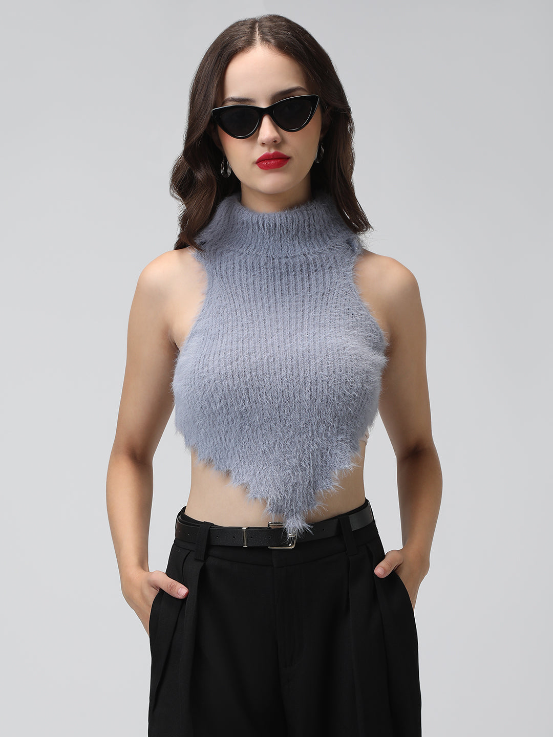 Women's Grey Fuzzy Ribbed Backless Halter Neck Crop Top