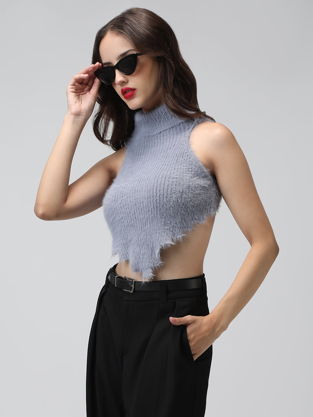 Women's Grey Fuzzy Ribbed Backless Halter Neck Crop Top