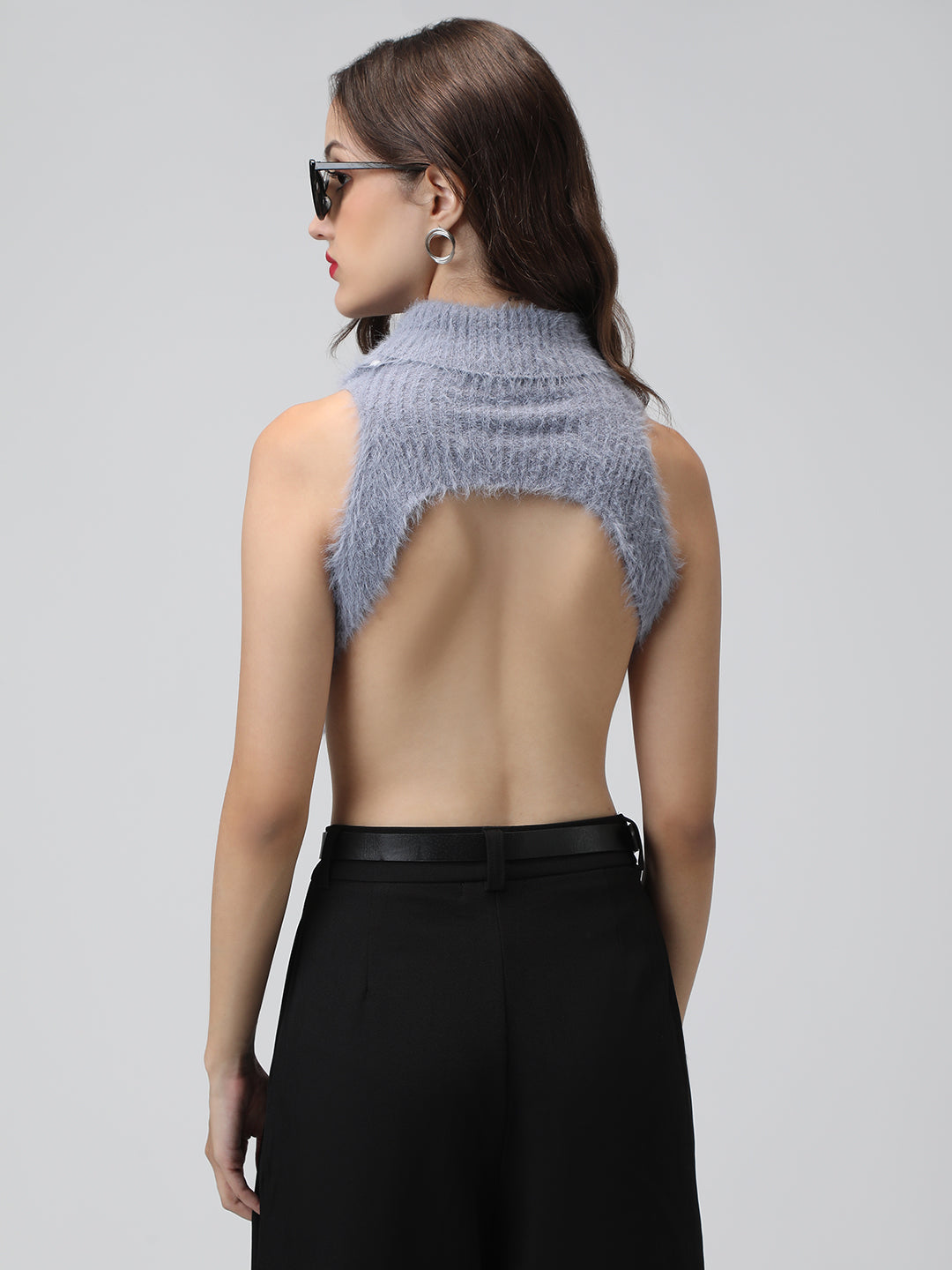 Women's Grey Fuzzy Ribbed Backless Halter Neck Crop Top