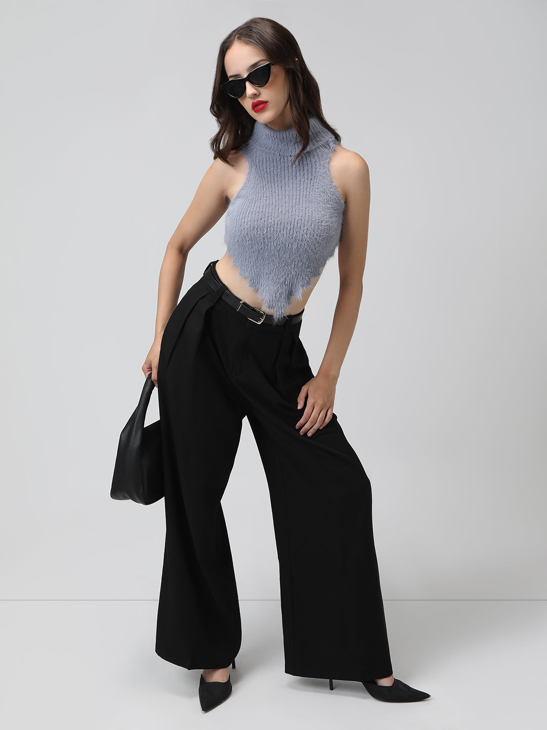Women's Grey Fuzzy Ribbed Backless Halter Neck Crop Top