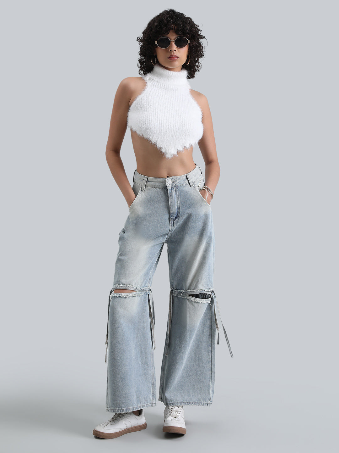 Women's White Fuzzy Ribbed Backless Halter Neck Crop Top