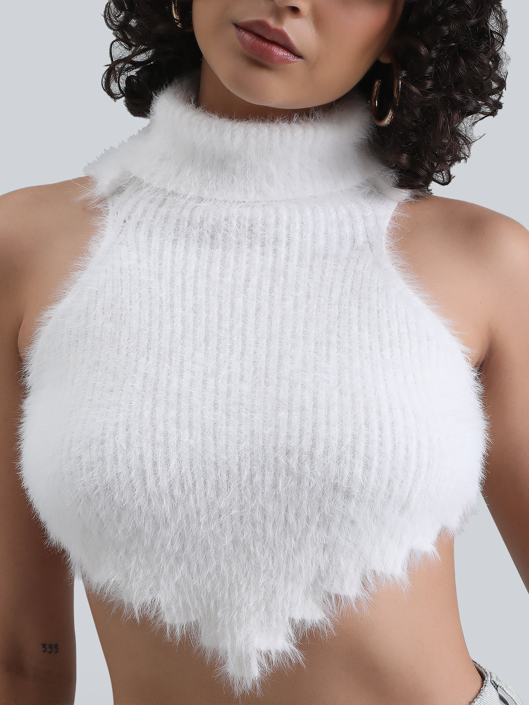 Women's White Fuzzy Ribbed Backless Halter Neck Crop Top
