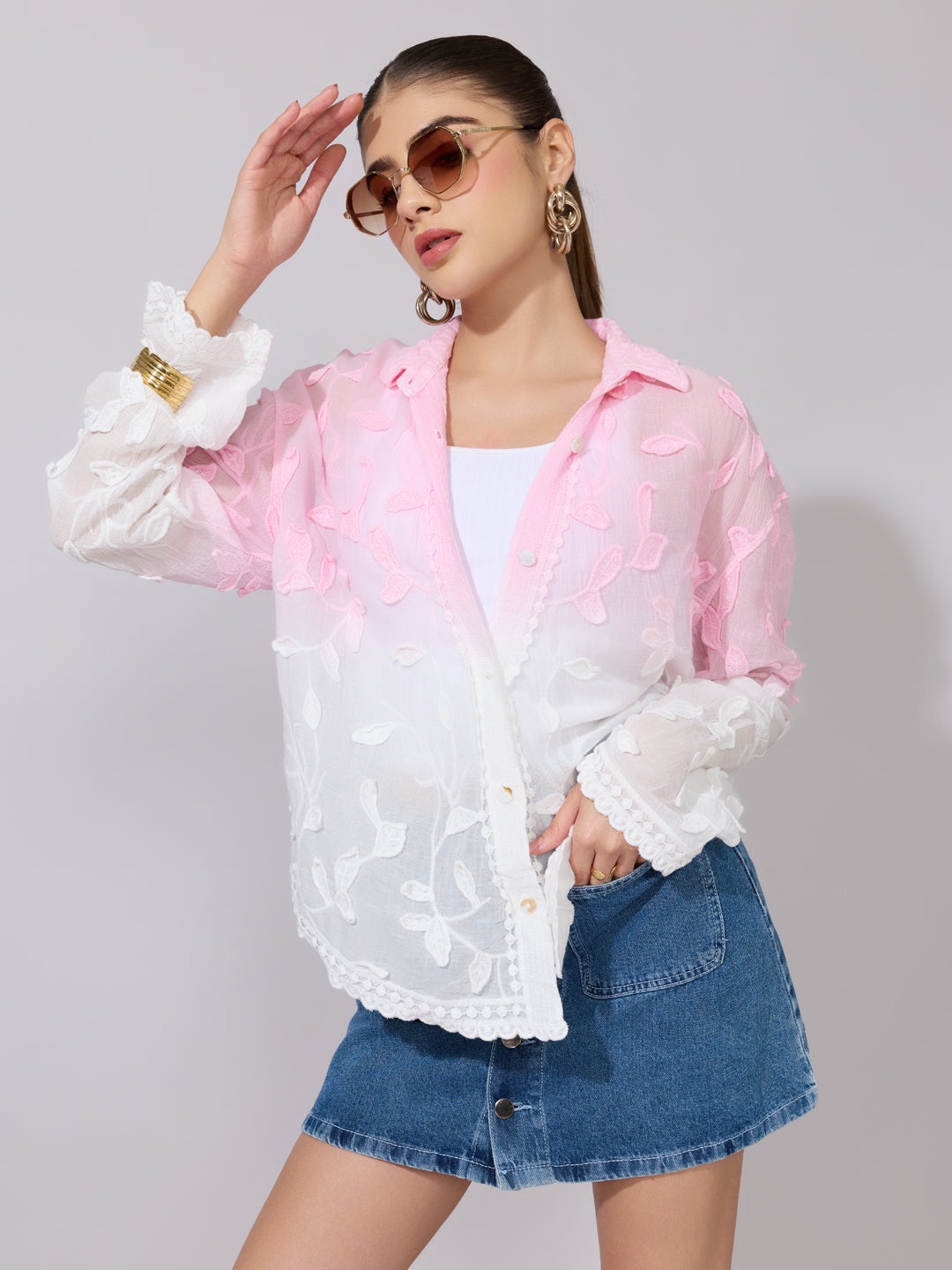 Women's Embroidered Pink Ombre Sheer Shirt