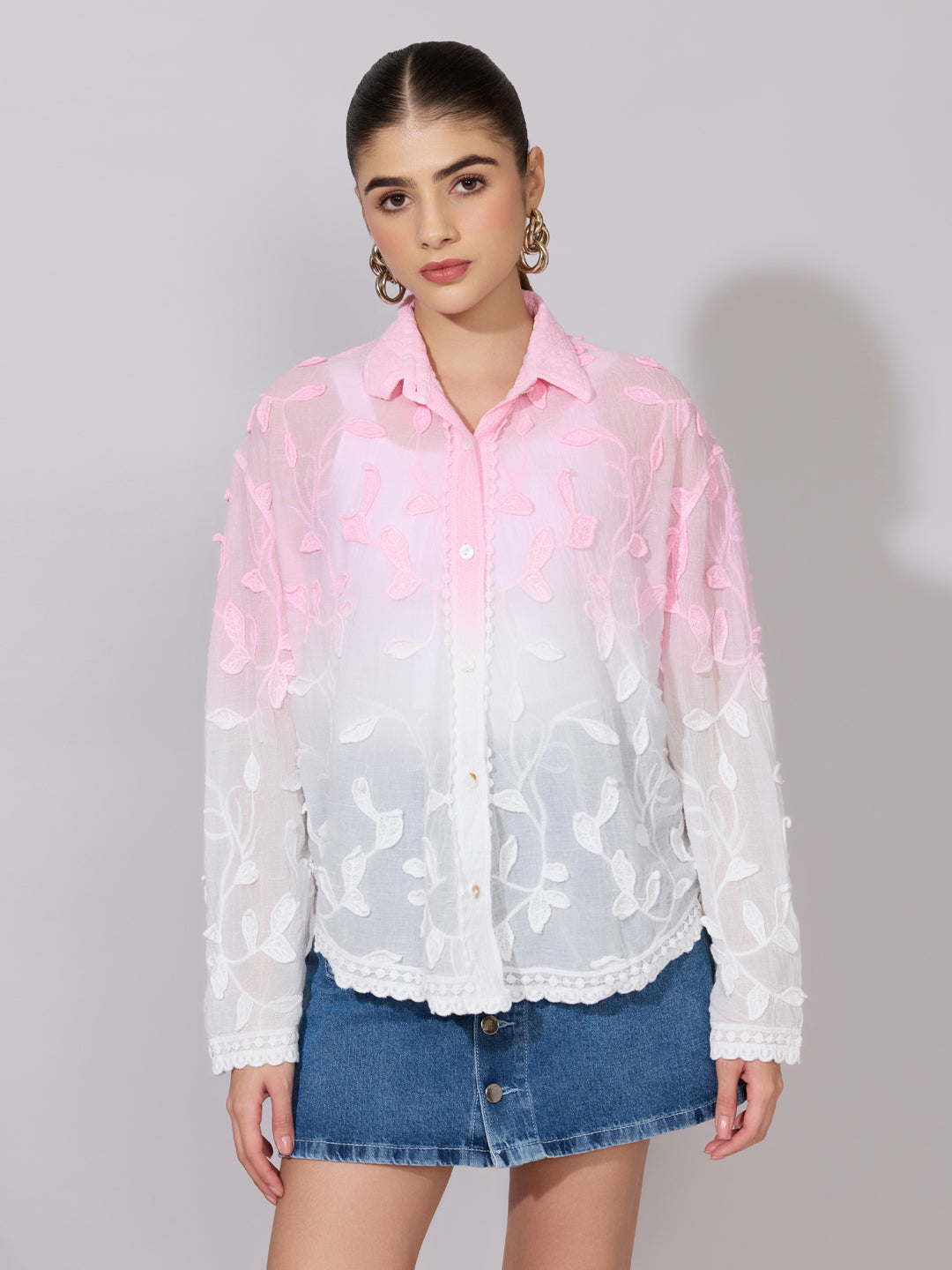 Women's Embroidered Pink Ombre Sheer Shirt