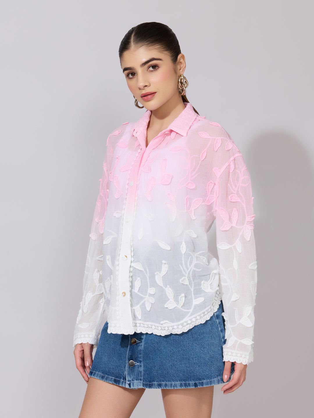 Women's Embroidered Pink Ombre Sheer Shirt