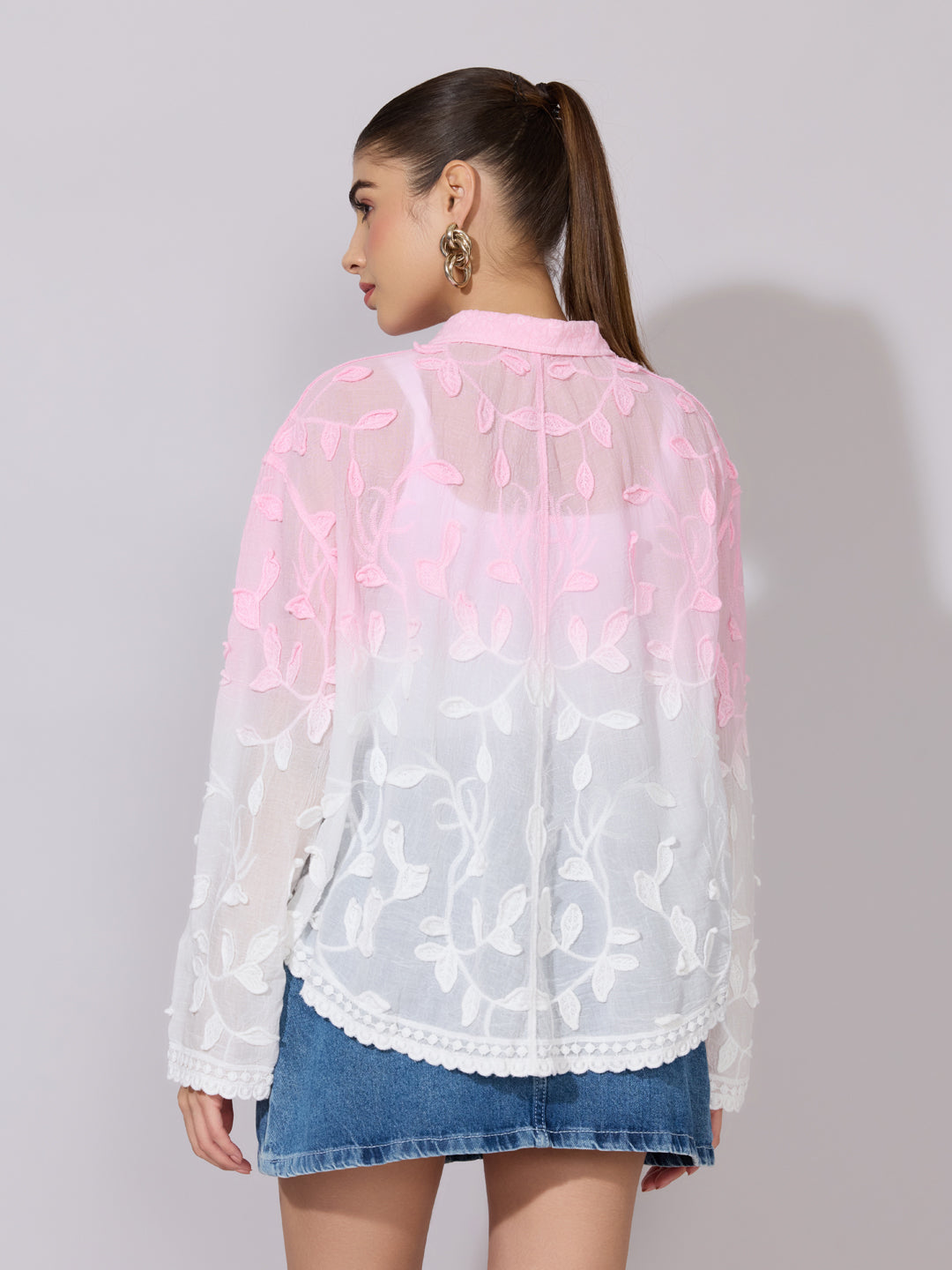 Women's Embroidered Pink Ombre Sheer Shirt
