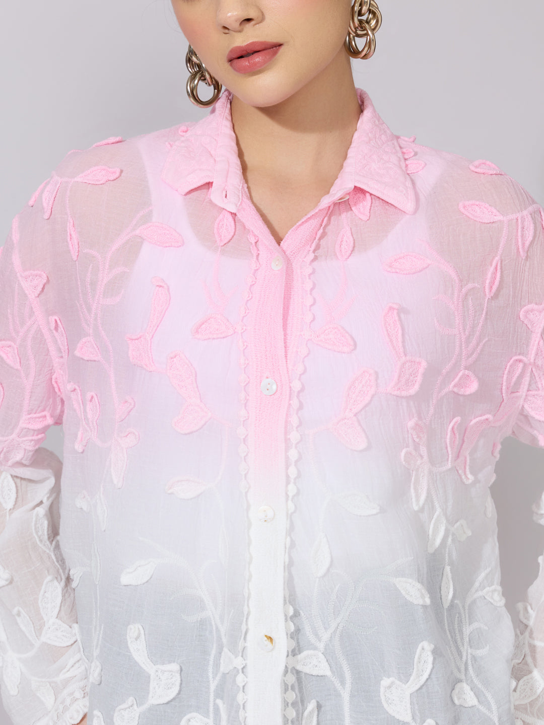 Women's Embroidered Pink Ombre Sheer Shirt