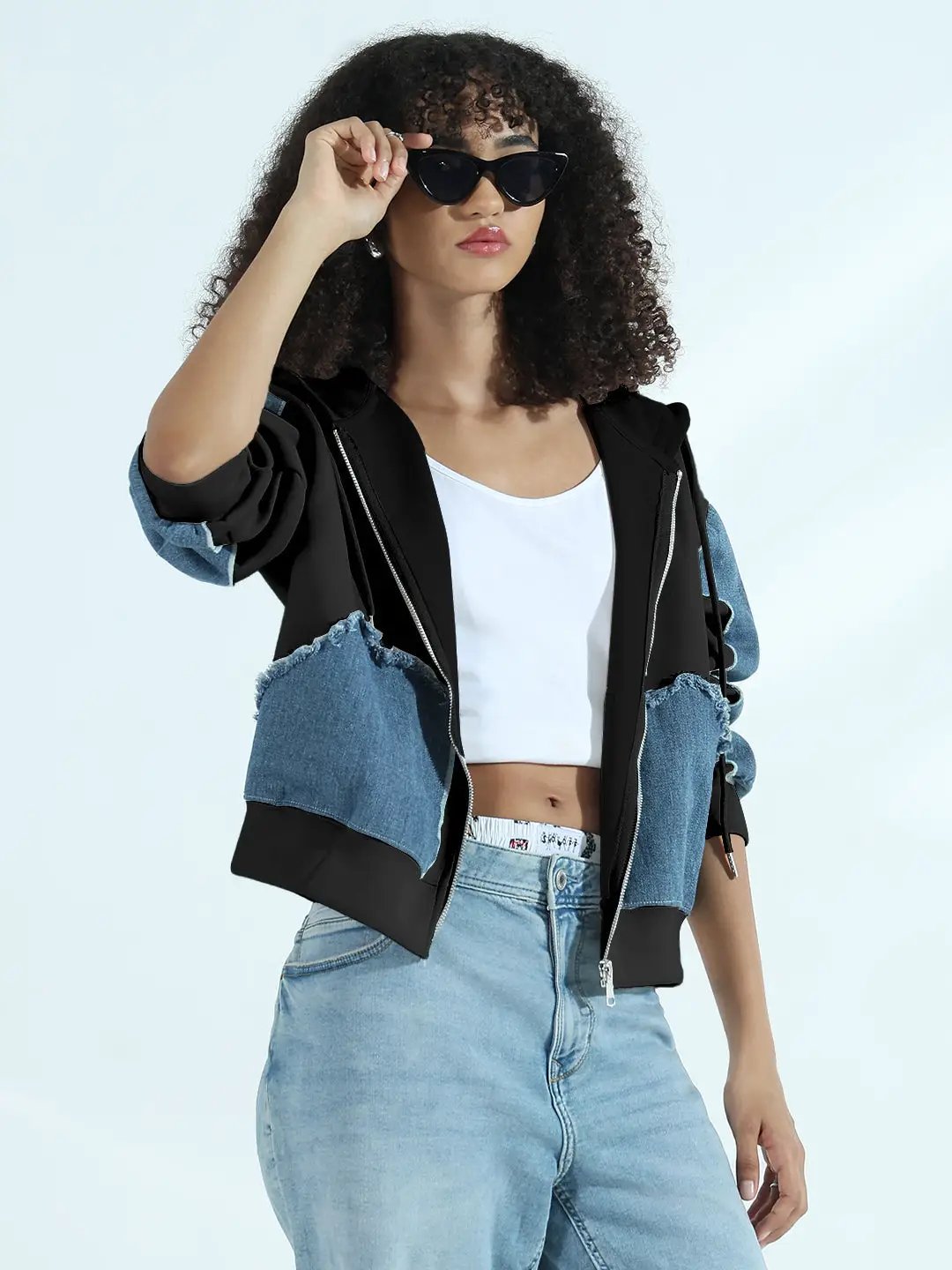 Women's Black Zip-Up Hoodie with Frayed Denim Patches - from SHOWOFFFF