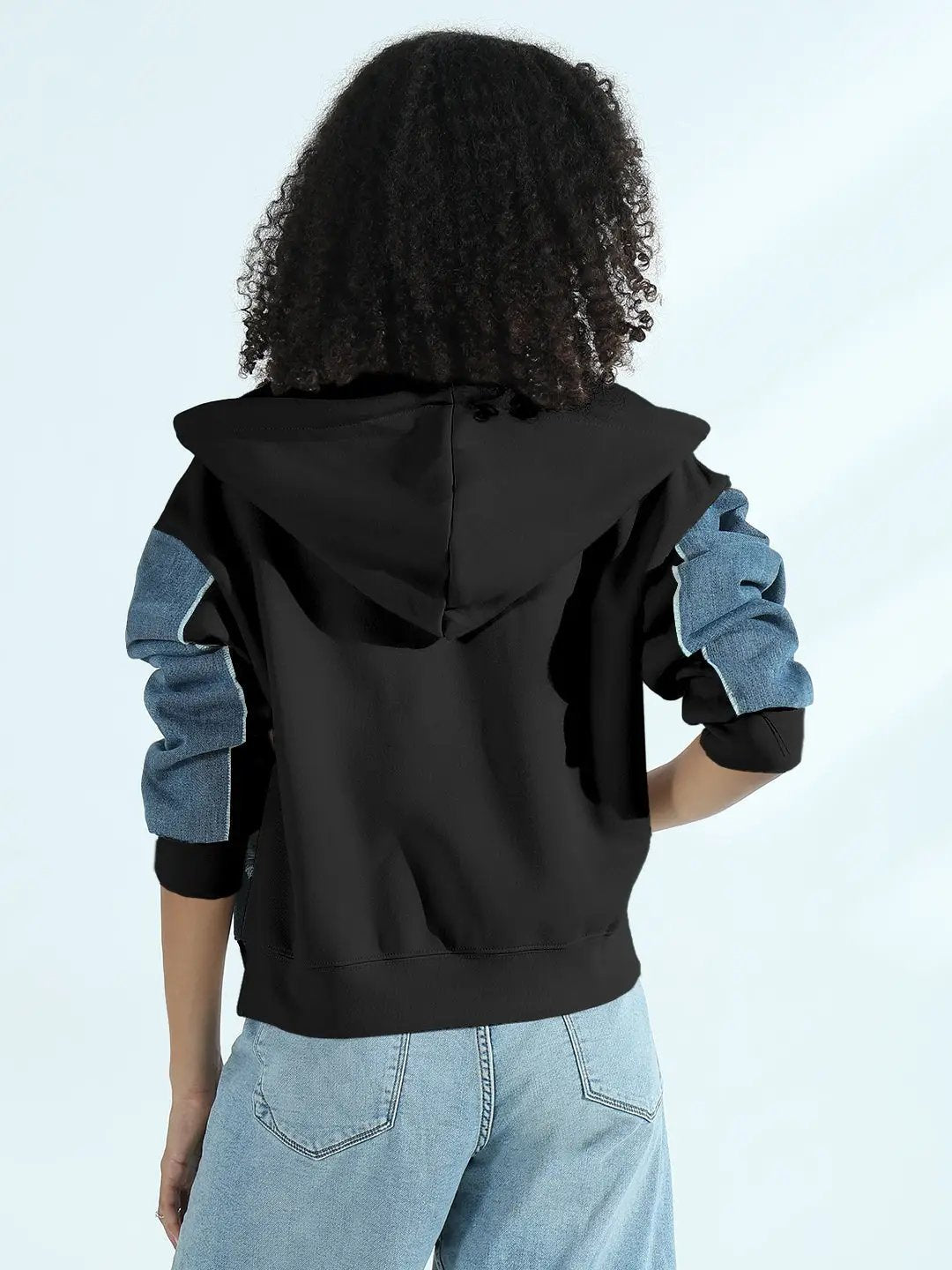 Women's Black Zip-Up Hoodie with Frayed Denim Patches - from SHOWOFFFF