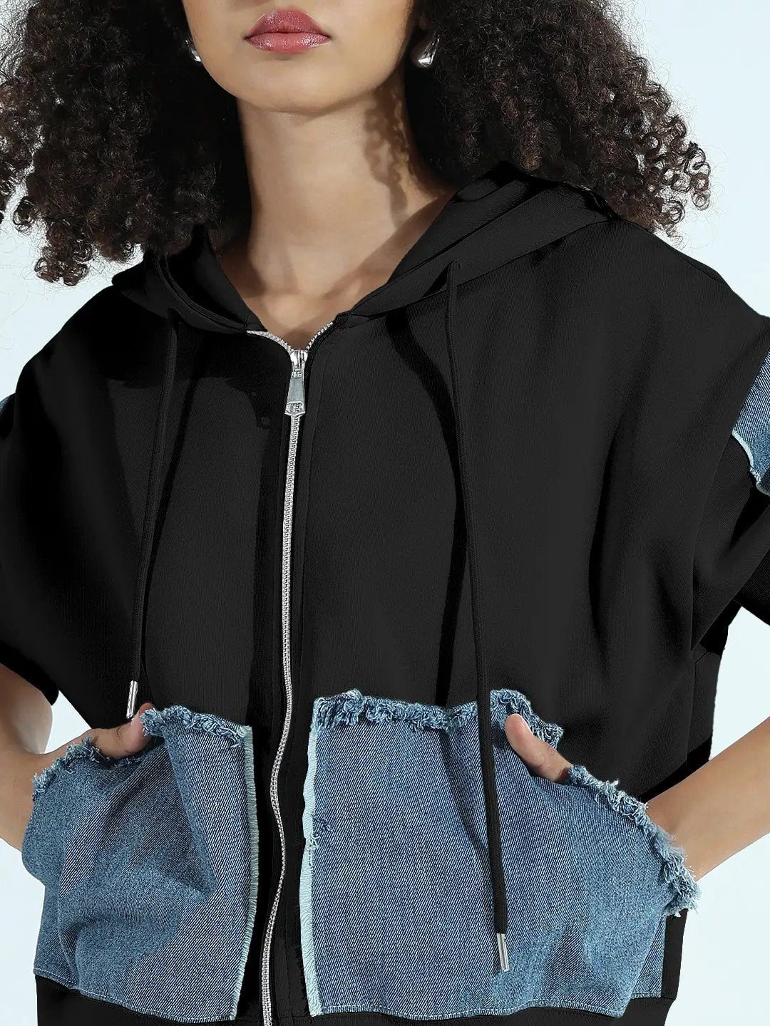 Women's Black Zip-Up Hoodie with Frayed Denim Patches - from SHOWOFFFF