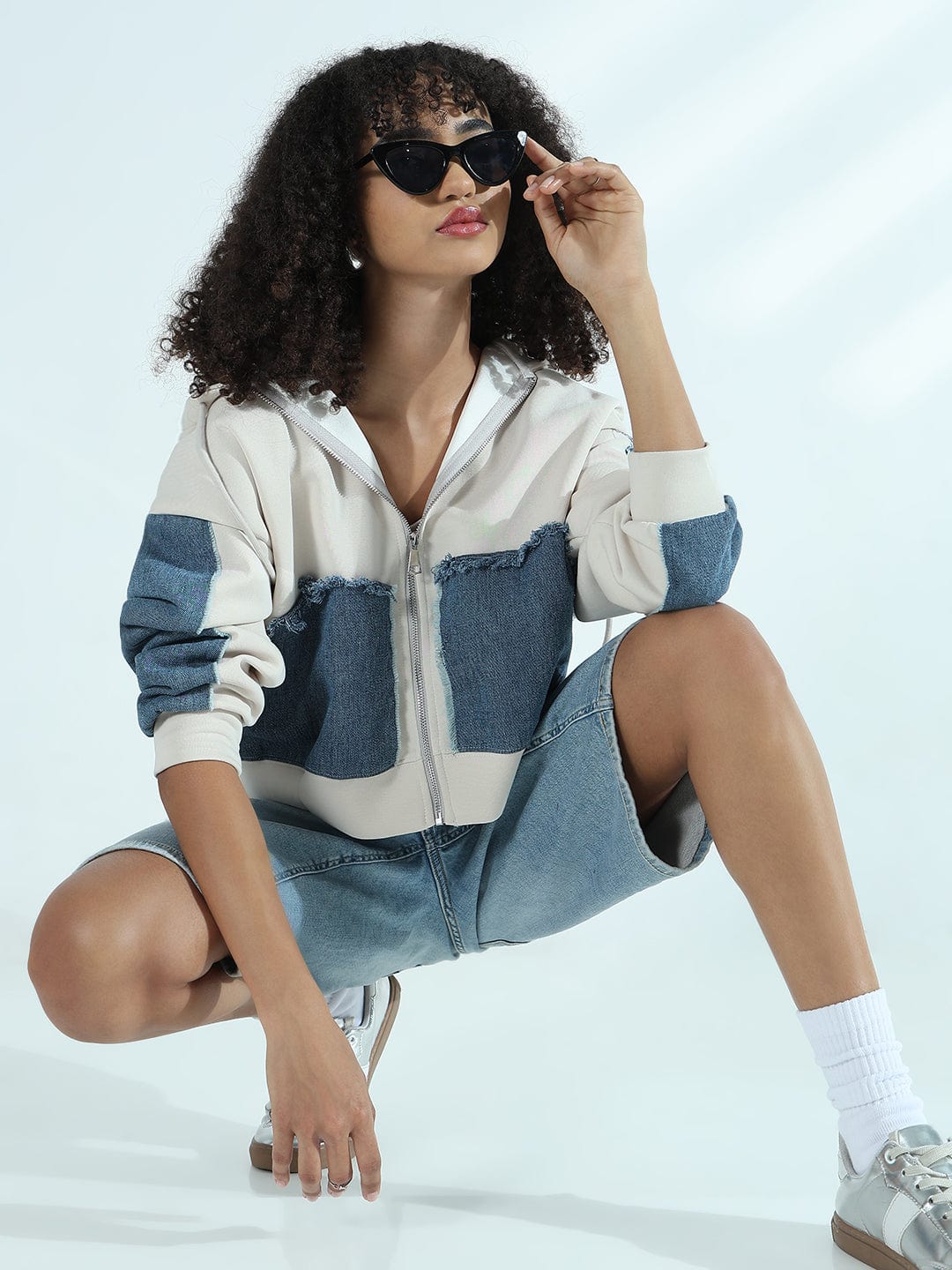 Women's Off-White Zip-Up Hoodie with Frayed Denim Patches