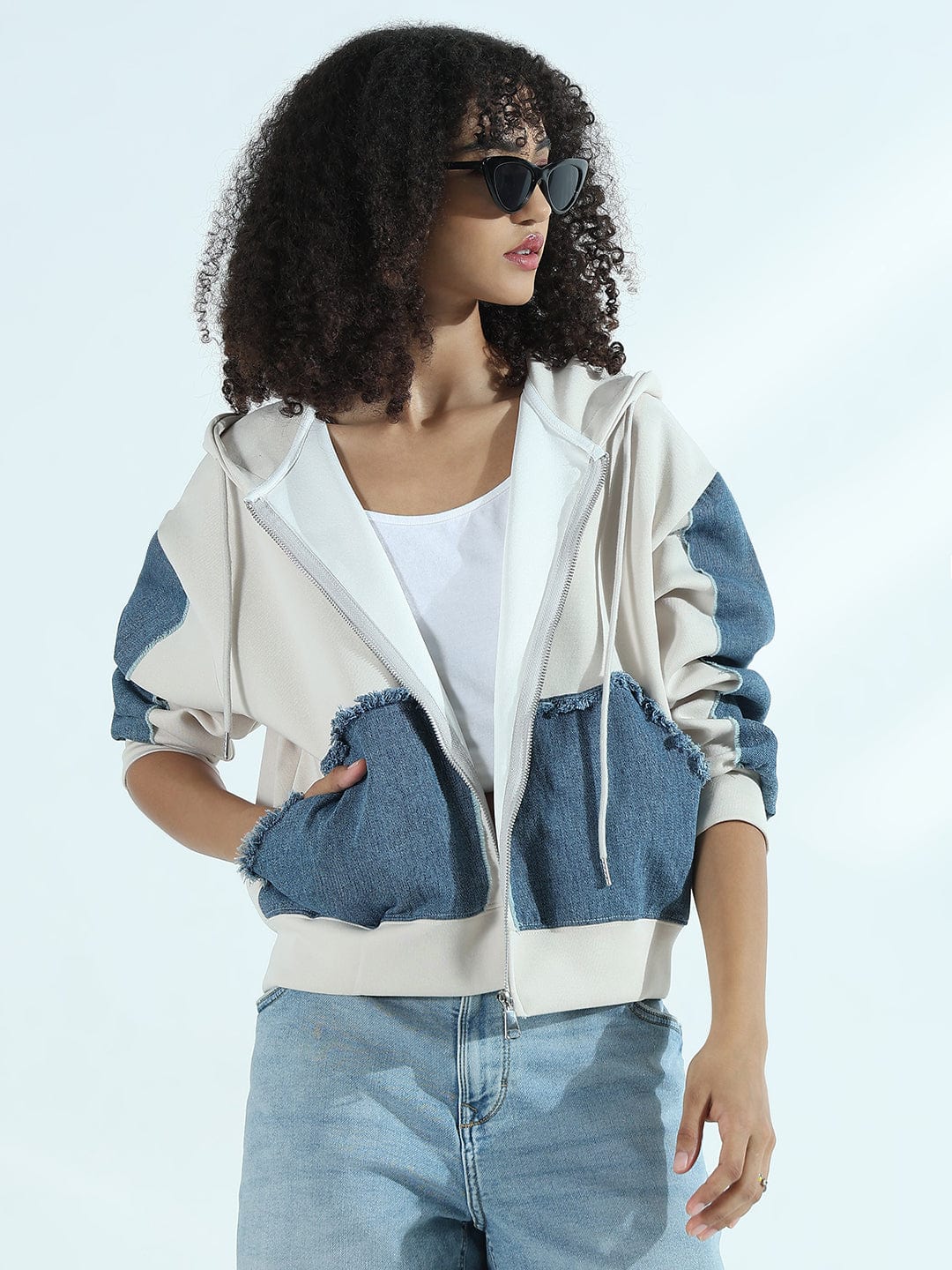 Women's Off-White Zip-Up Hoodie with Frayed Denim Patches