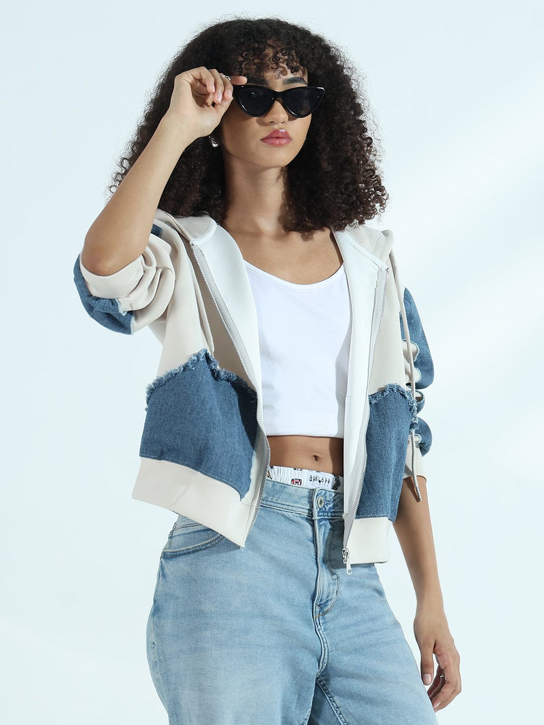 Women's Off-White Zip-Up Hoodie with Frayed Denim Patches