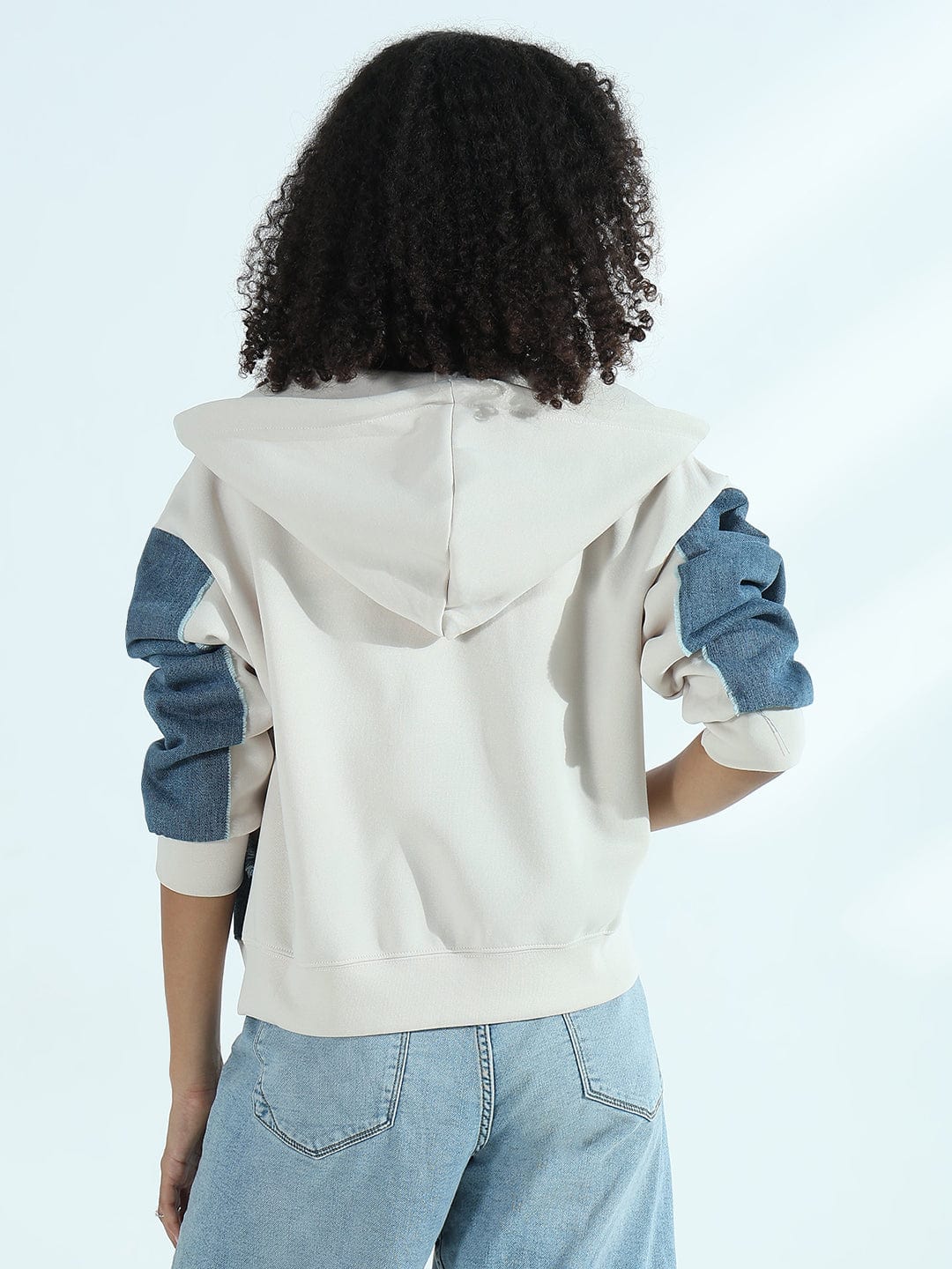 Women's Off-White Zip-Up Hoodie with Frayed Denim Patches