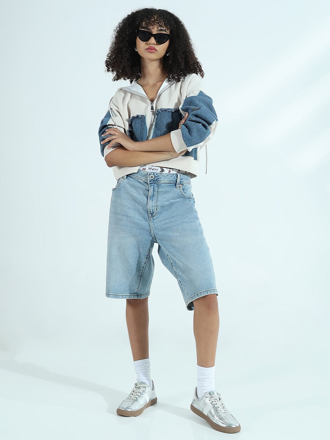 Women's Off-White Zip-Up Hoodie with Frayed Denim Patches