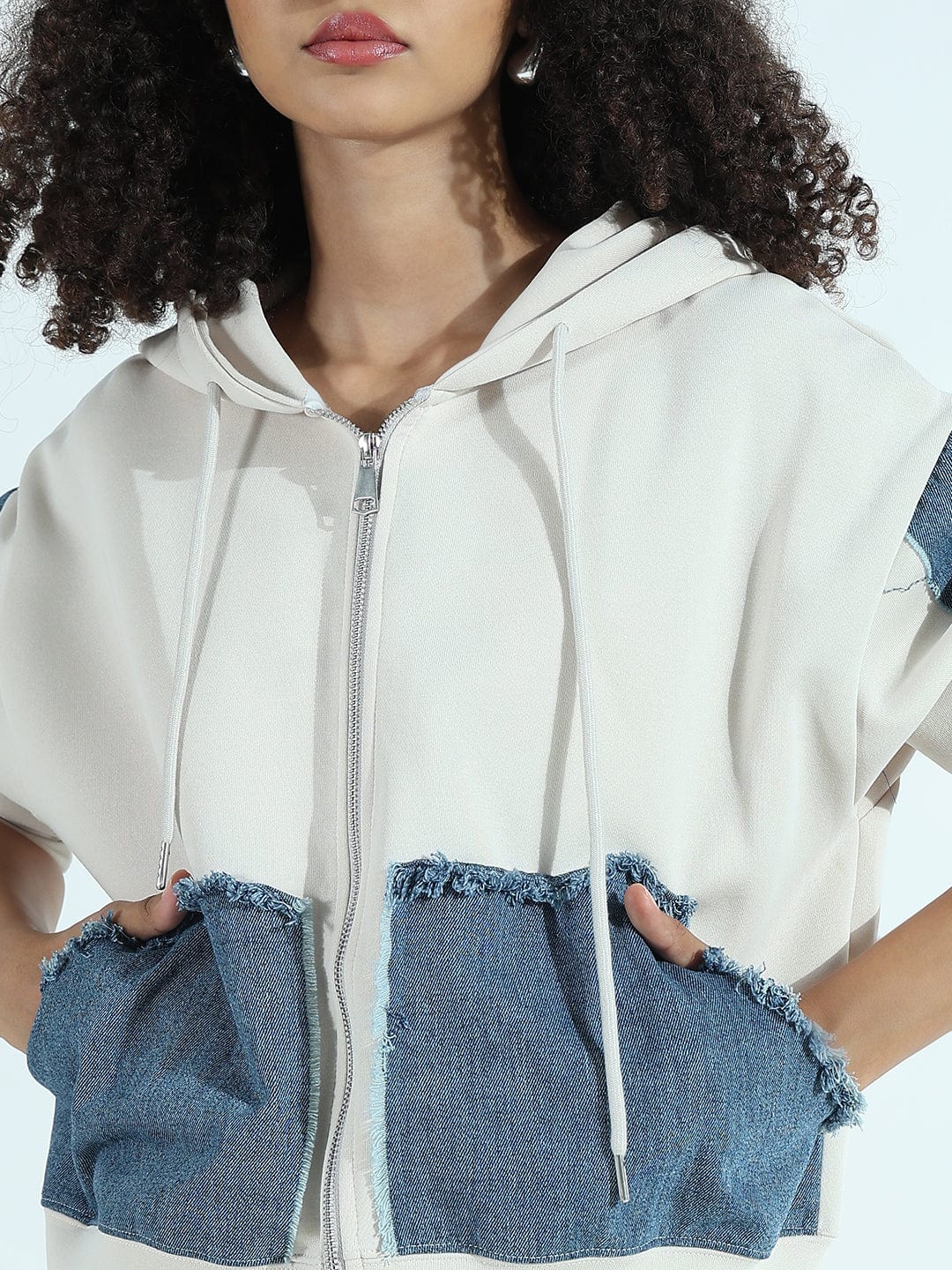 Women's Off-White Zip-Up Hoodie with Frayed Denim Patches