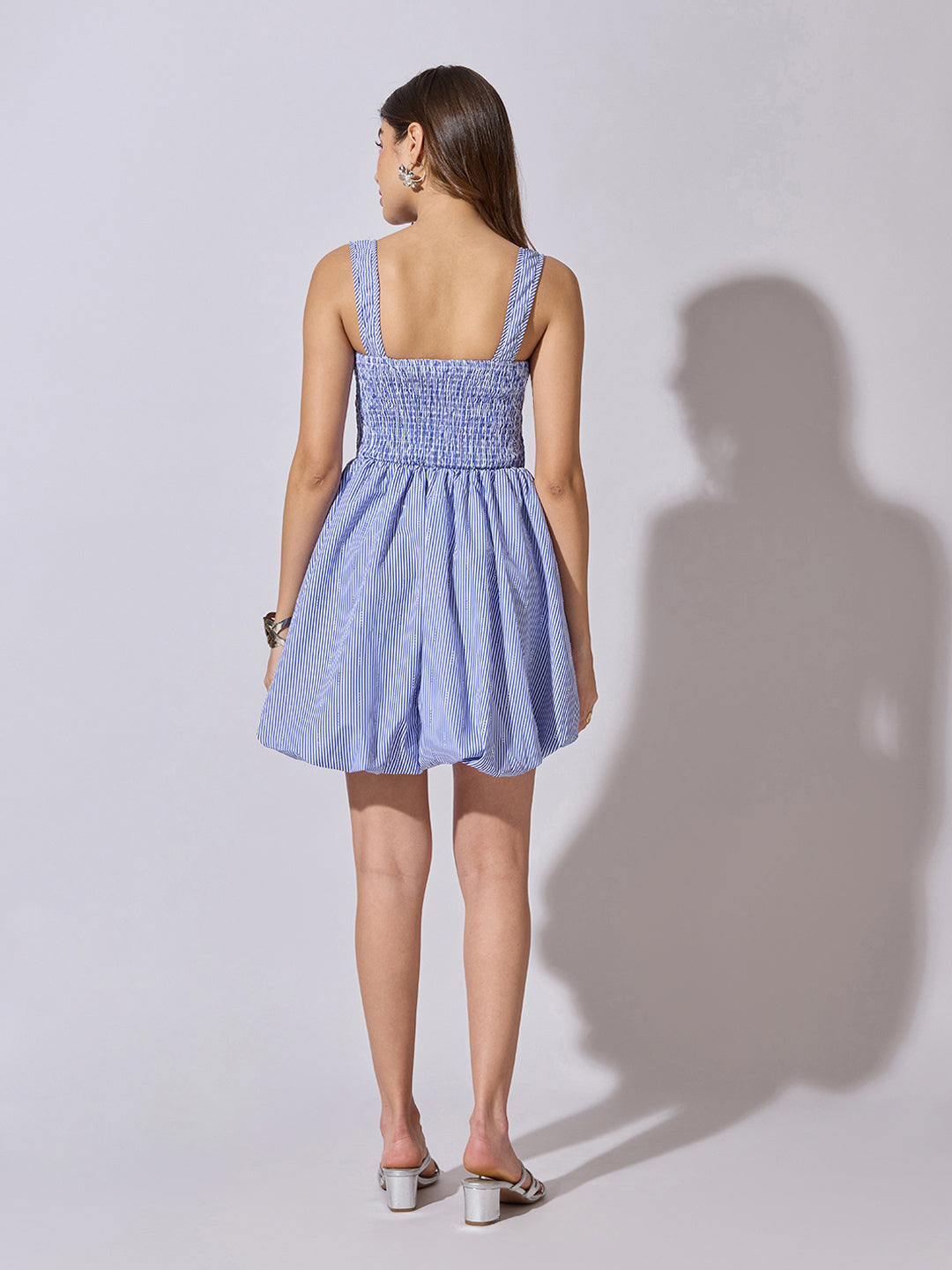 Women's Striped Blue Fit & Flare Mini Balloon Dress