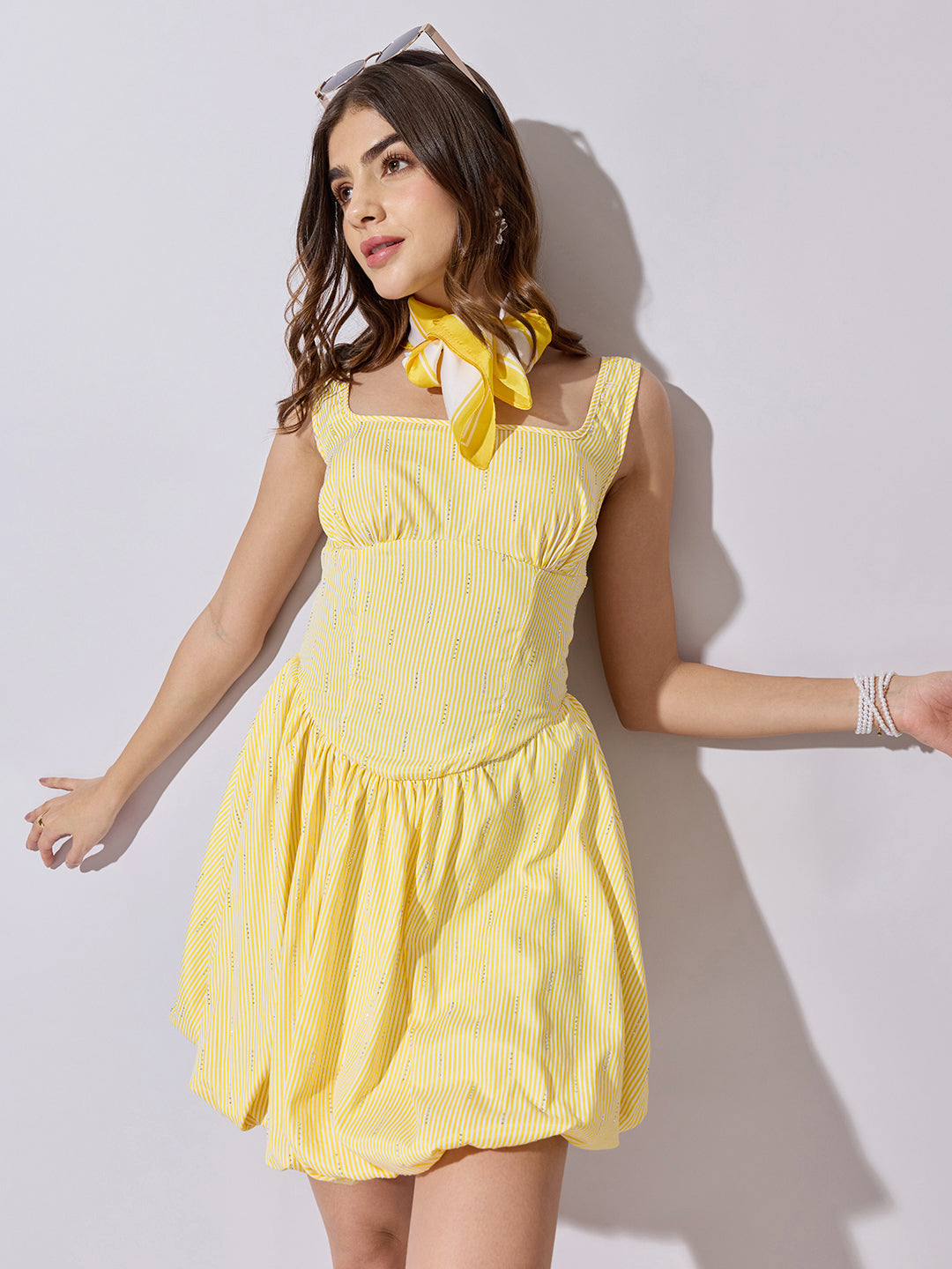 Women's Striped Yellow Fit & Flare Mini Balloon Dress