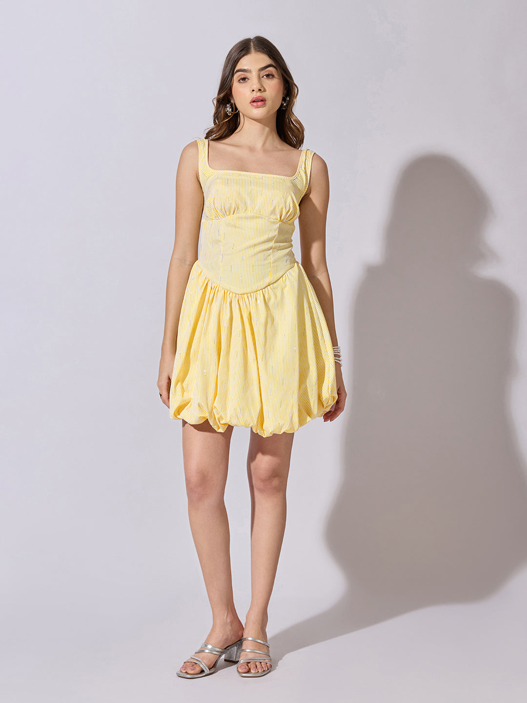 Women's Striped Yellow Fit & Flare Mini Balloon Dress