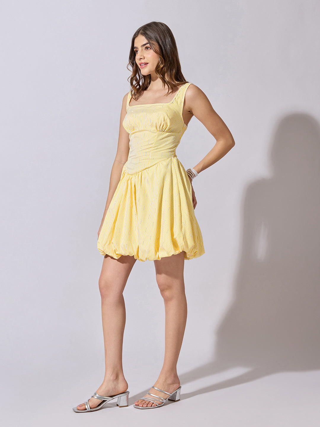 Women's Striped Yellow Fit & Flare Mini Balloon Dress