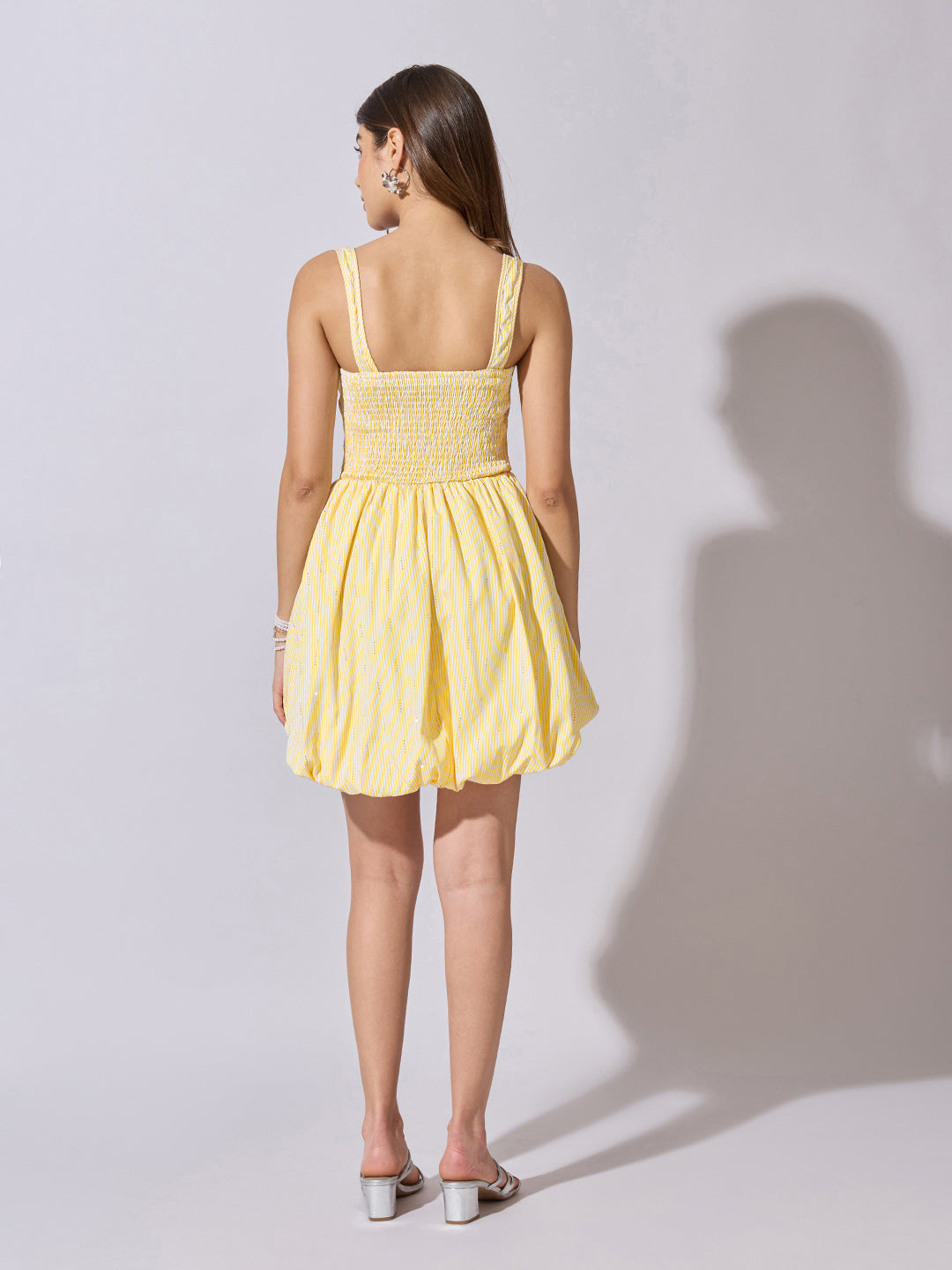 Women's Striped Yellow Fit & Flare Mini Balloon Dress