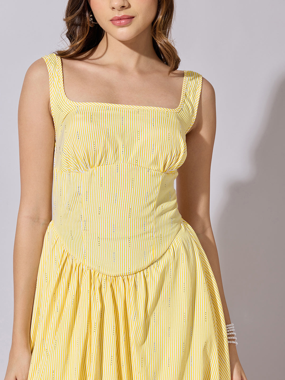 Women's Striped Yellow Fit & Flare Mini Balloon Dress