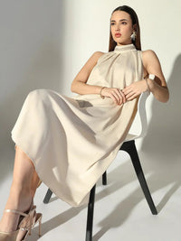 Women's Embellished Neck Beige Pleated Midi Dress