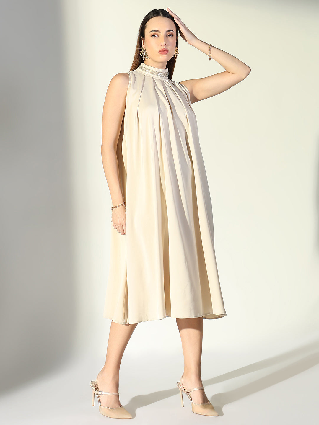 Women Beige Solid A Line Dress