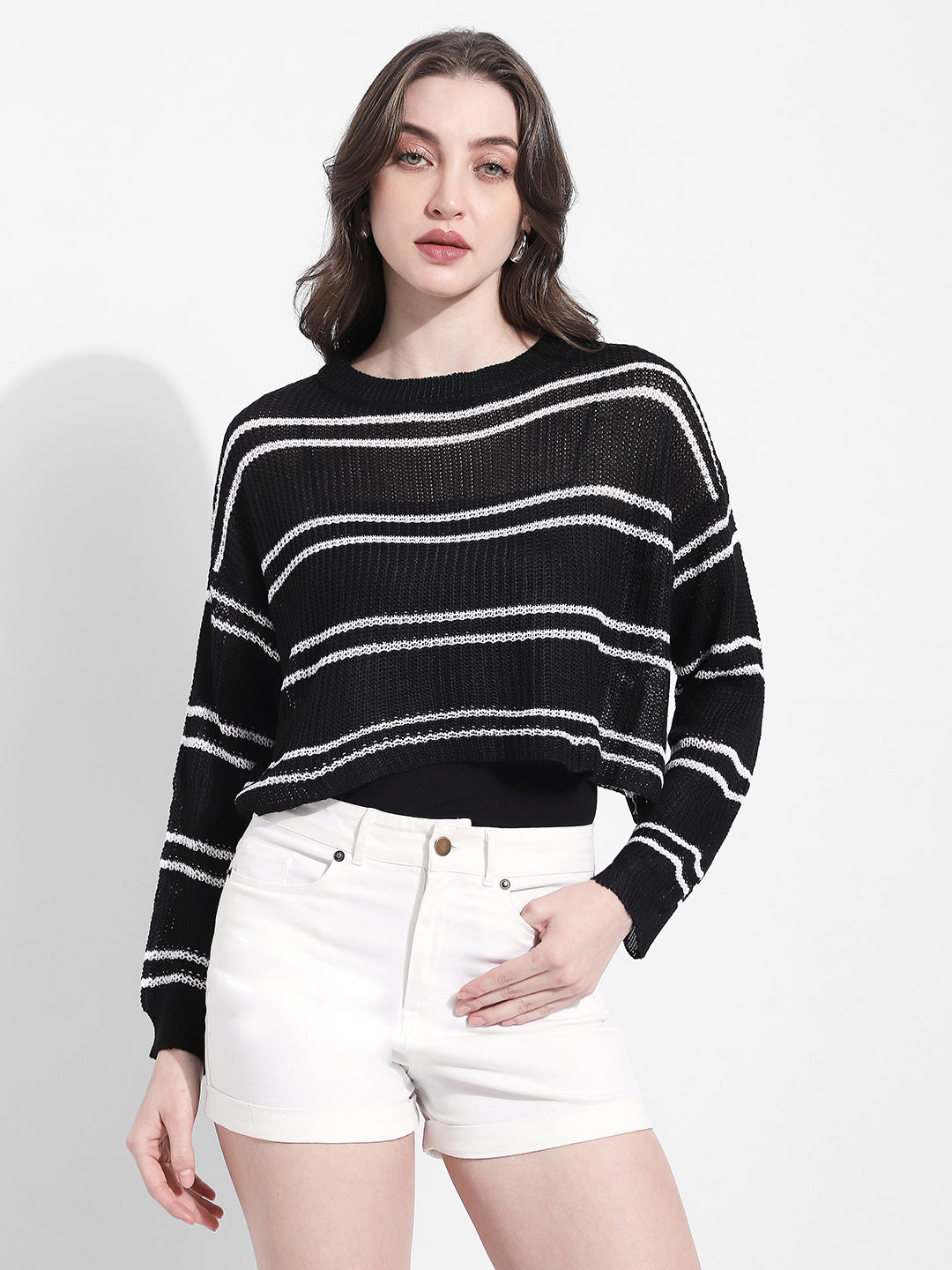 Women's Striped Knit Black & White Top with Inner