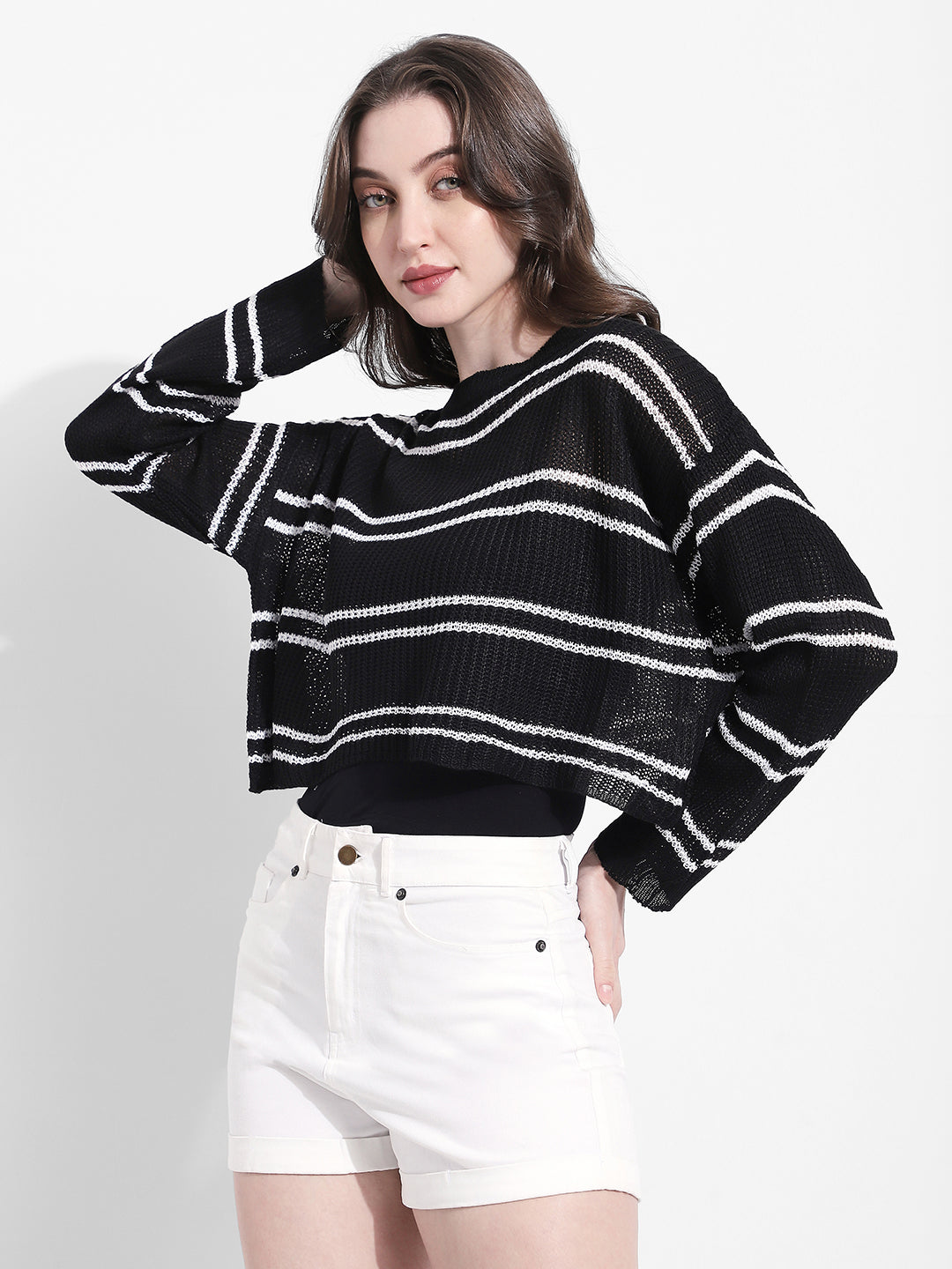 Women's Striped Knit Black & White Top with Inner