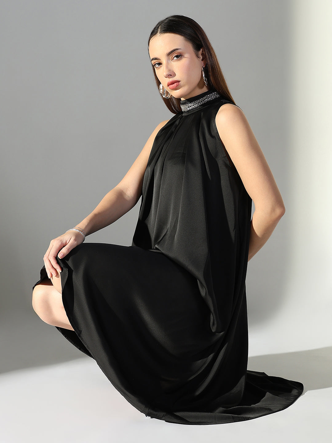 Women Black Solid A Line Dress