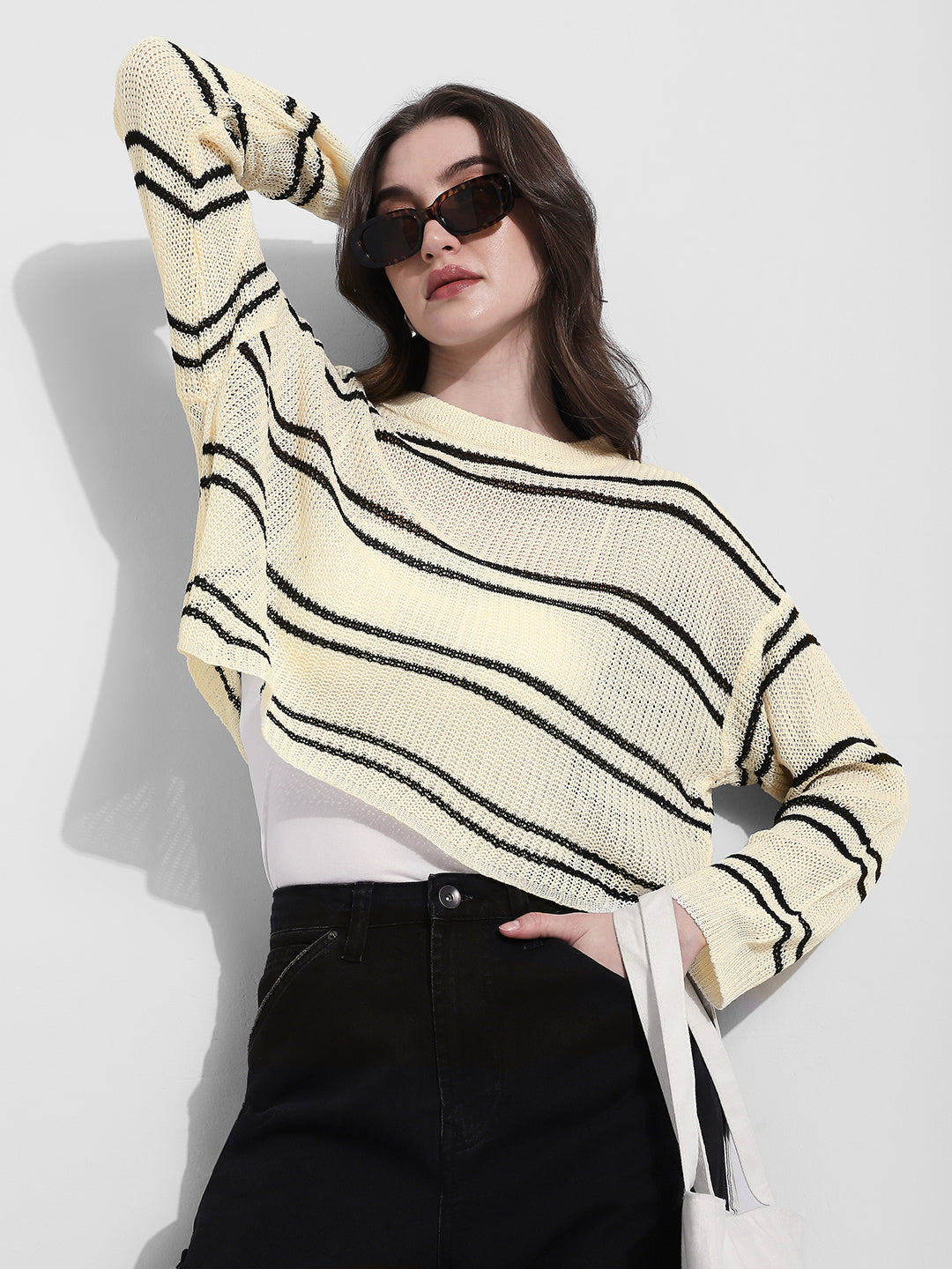 Women's Striped Knit Off White Top with Inner