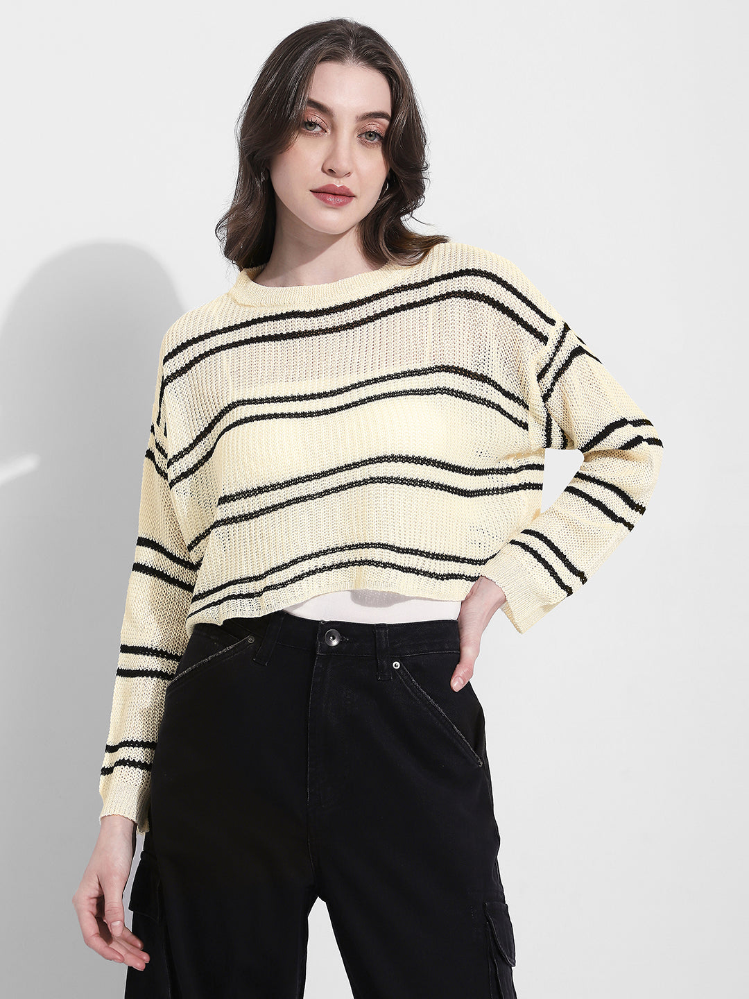 Women's Striped Knit Off White Top with Inner
