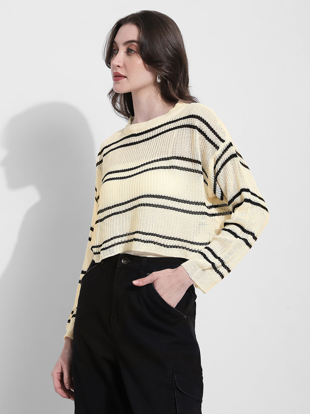 Women's Striped Knit Off White Top with Inner