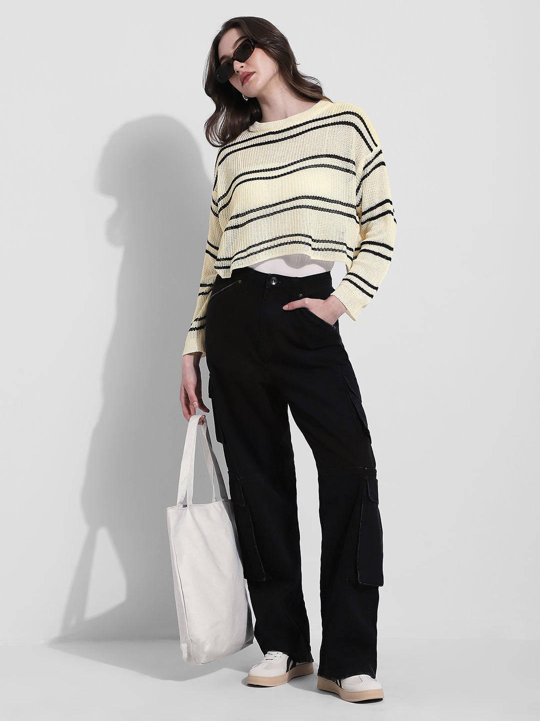 Women's Striped Knit Off White Top with Inner