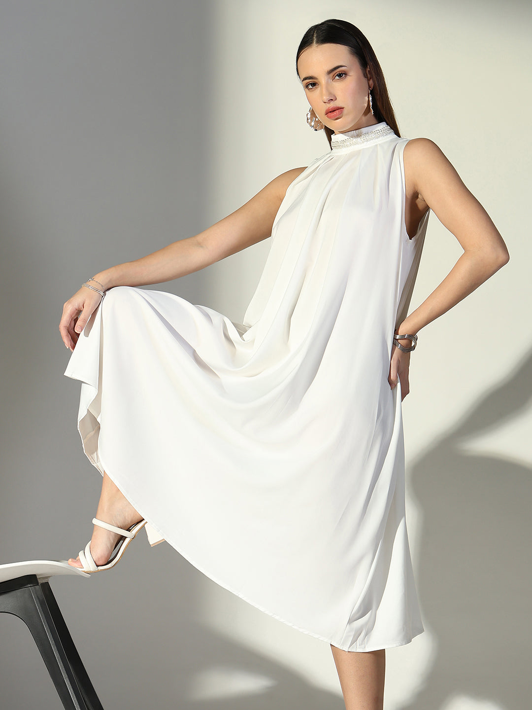 Women White Solid A Line Dress