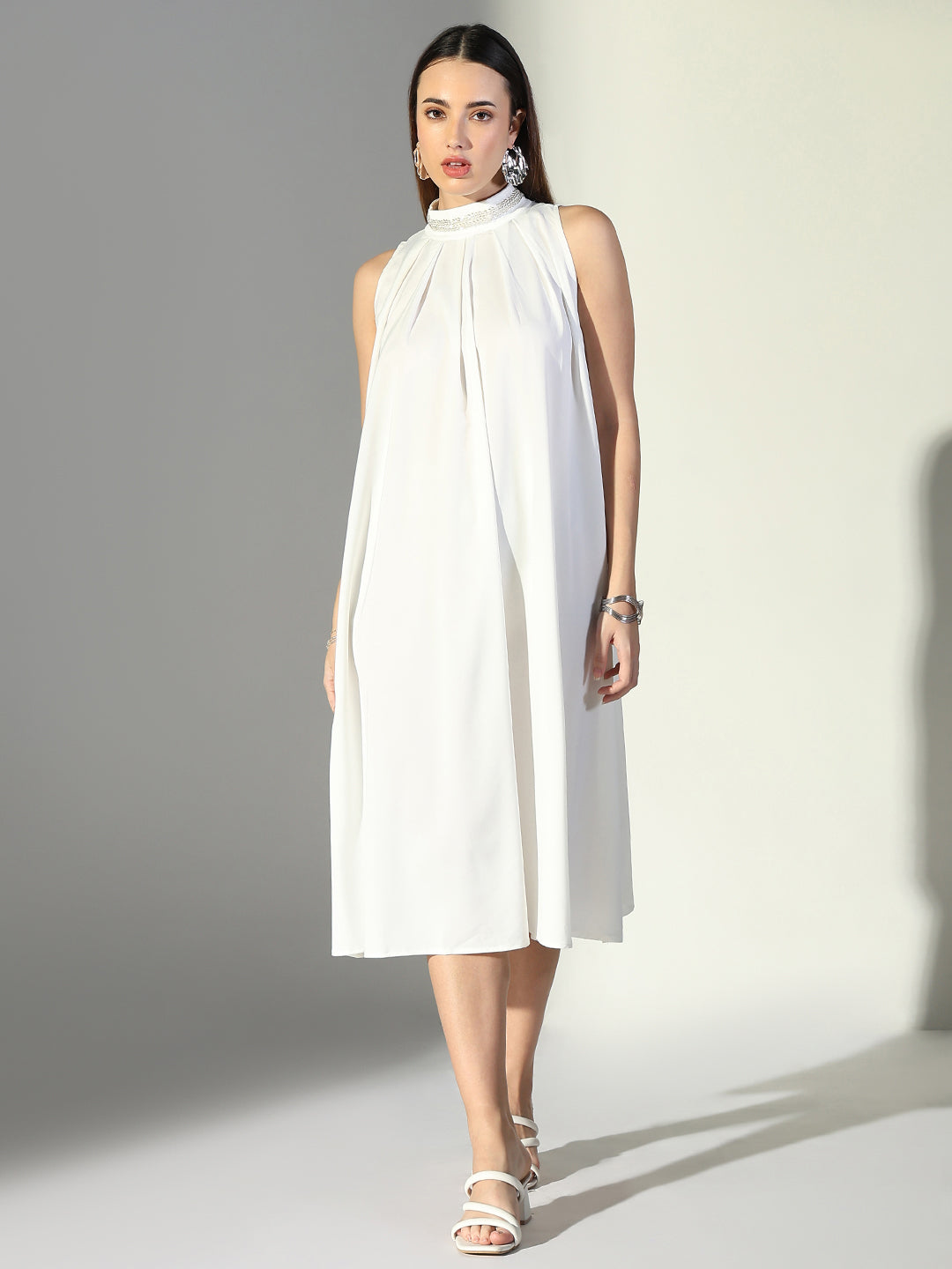 Women White Solid A Line Dress