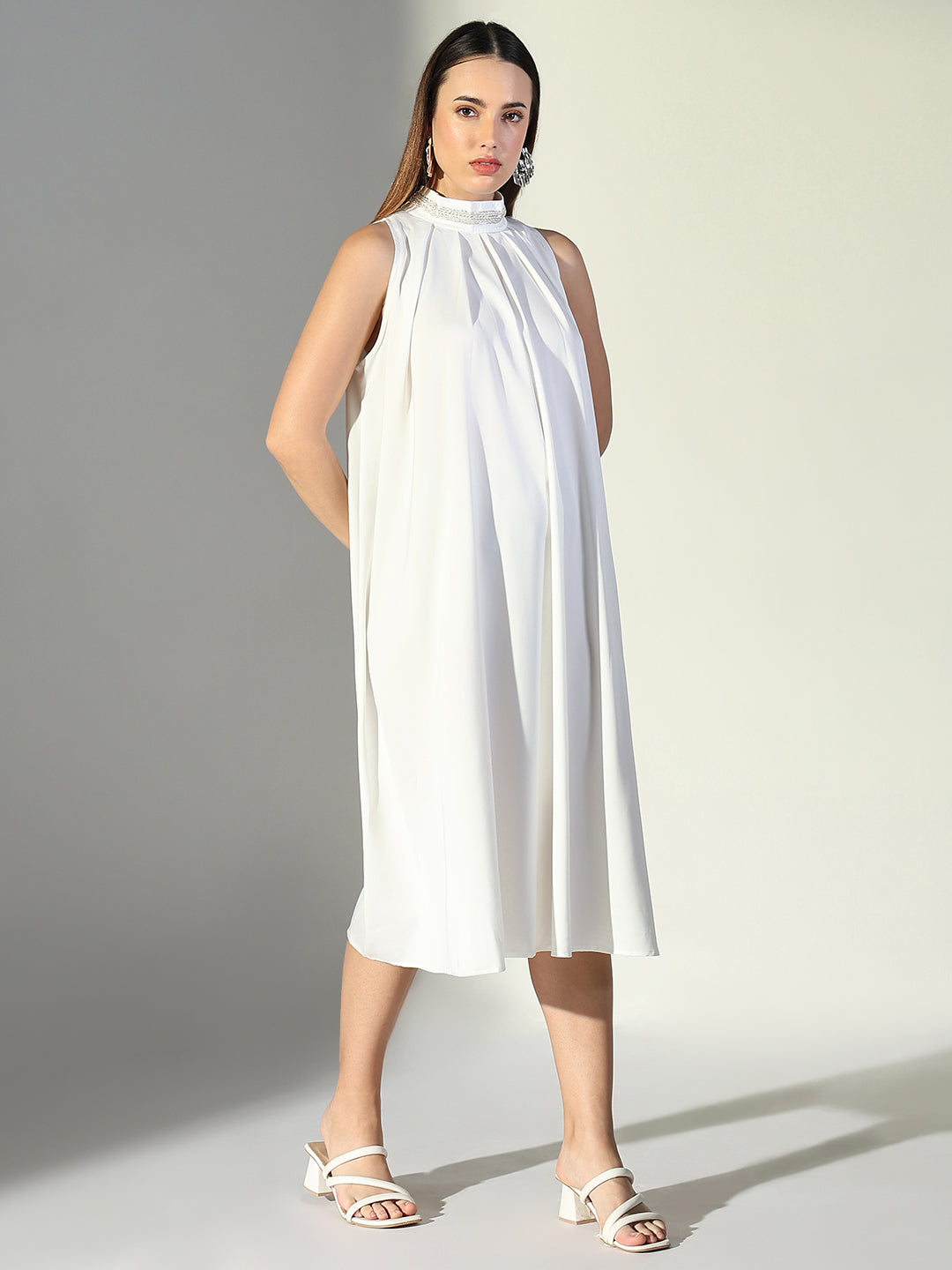 Women White Solid A Line Dress