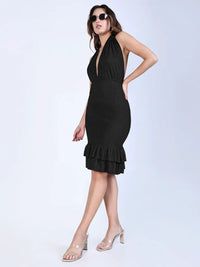Women's Black Halter Neck Mini Dress with Ruffle Hem